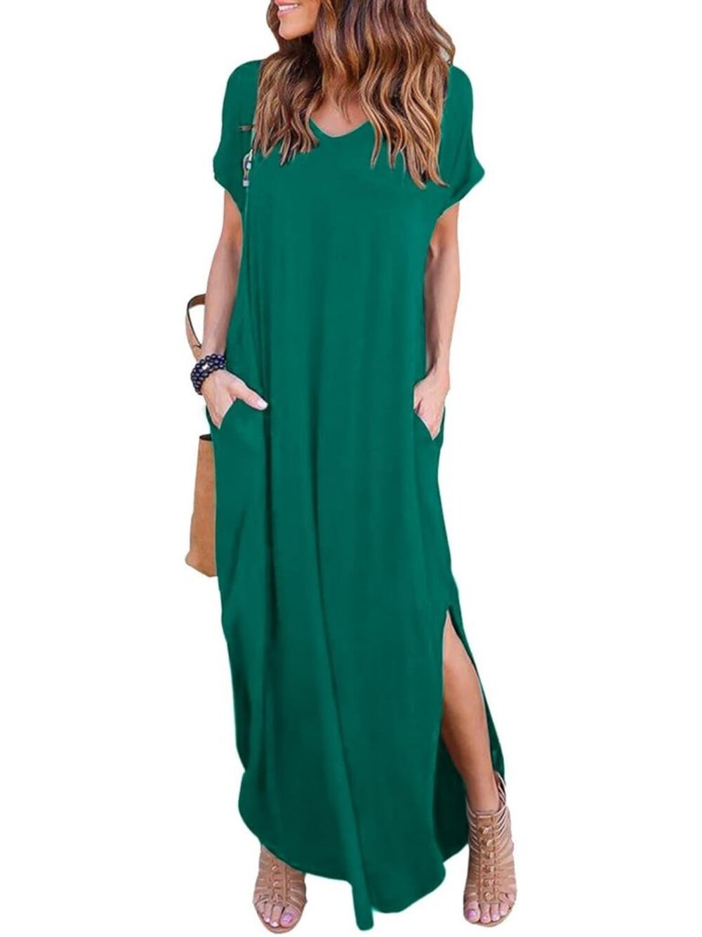 Women's Green Summer Maxi Long Dress Casual Loose Short Sleeve Split Pockets